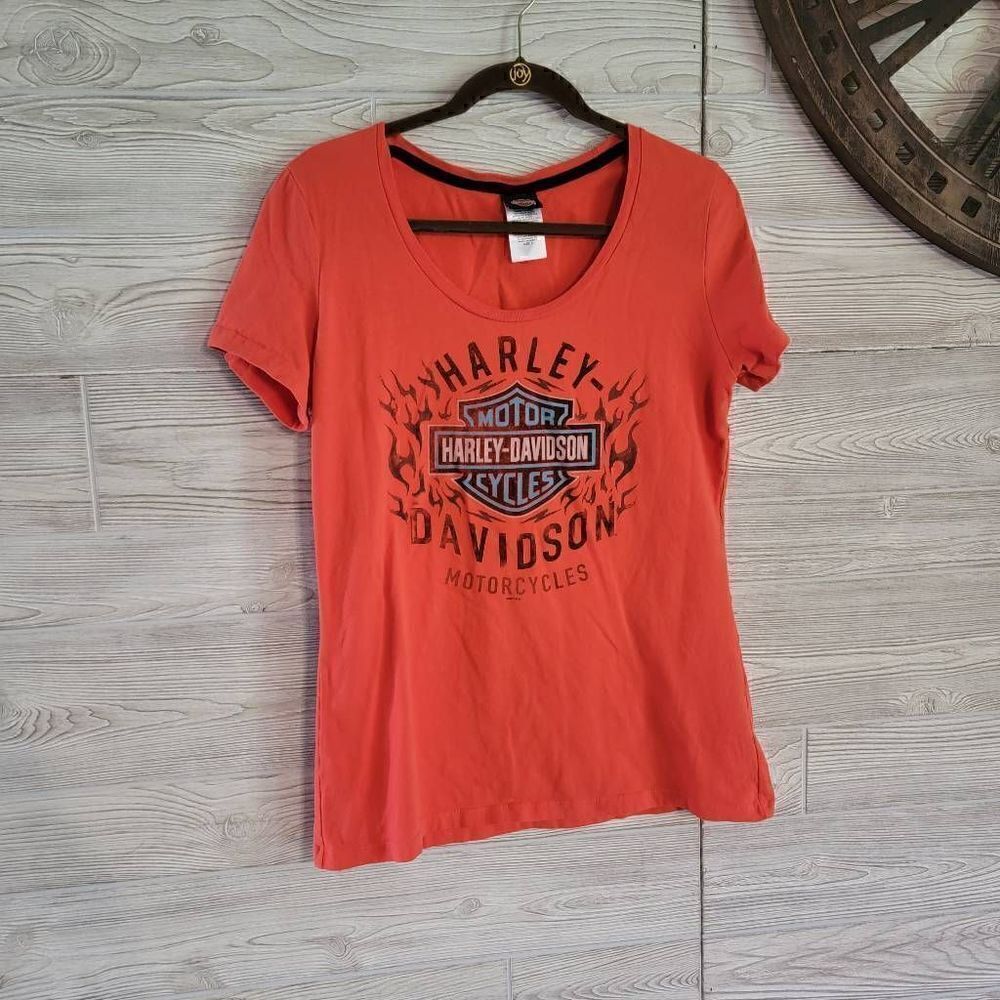 Harley Davidson Biker T-Shirt Womens SZ L Galesburg, IL Orange Chopper Logo